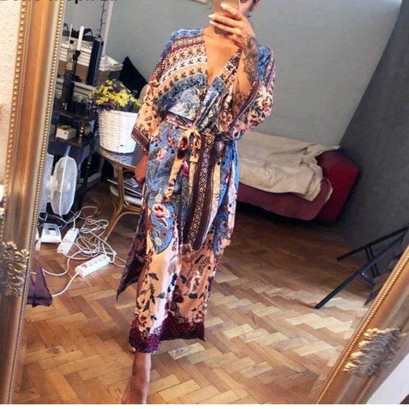 boho gypsy belted floral Long Kimono Cardigan - Picture 6 of 7